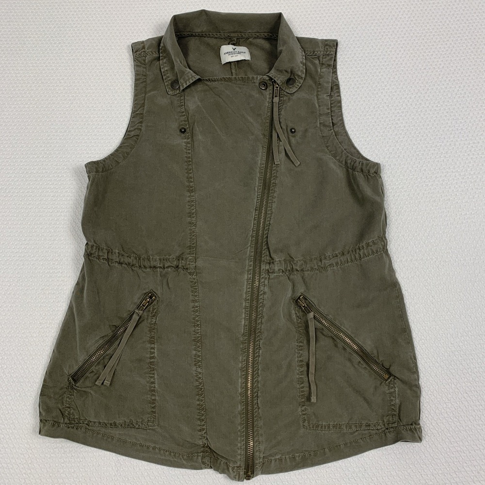 Womens Army Green American Eagle Utility Vest Jacket Front Zip Sleeveless Size M